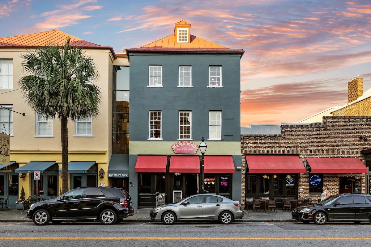 Historic East Bay Street building in Charleston at sunset