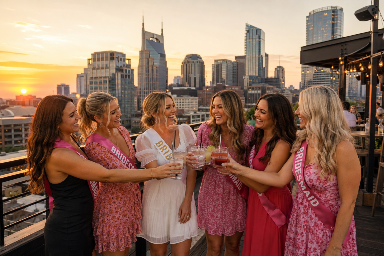 Bachelorette party group toasting on a Nashville rooftop bar at sunset with the downtown skyline visible behind them